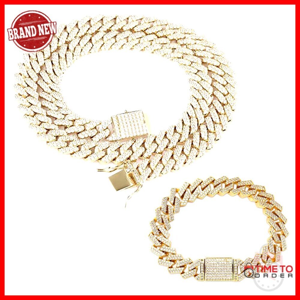 14K Gold Plated Cuban Link Chain Necklace & Bracelet Set, 30 Inches